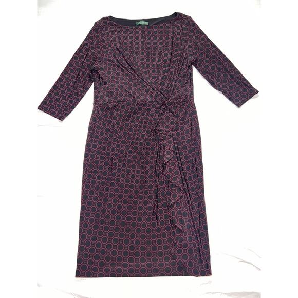 Lauren Ralph Lauren Wrap Dress Size S/M Red Black Geometric Knee Length 3/4 Slve - Picture 1 of 16